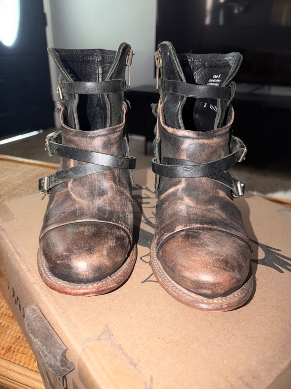 Freebird by Steven Black and Brown Leather Buckle Strap Ankle Boots